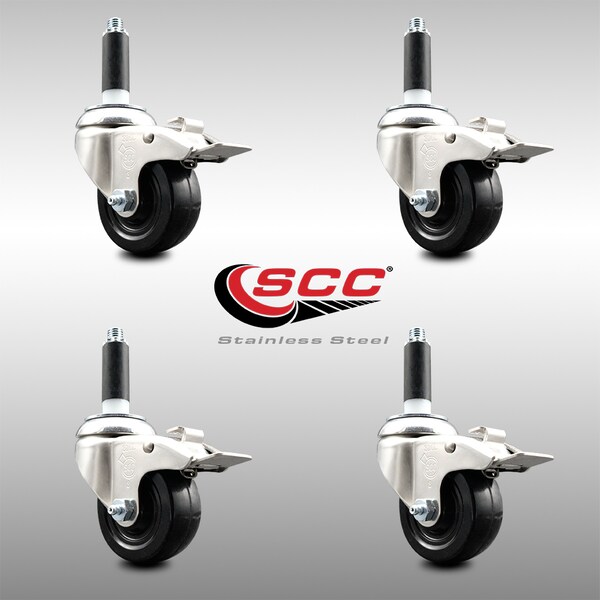 3.5 Inch 316SS Soft Rubber Swivel 7/8 Inch Stem Caster Set Lock Brake SCC